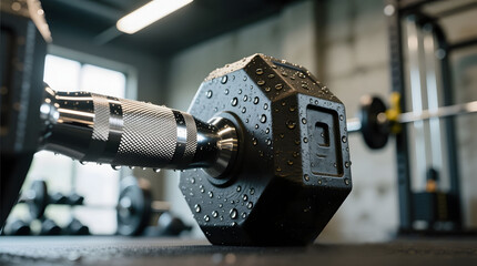 A dramatic macro shot of a rubber hex dumbbell, covered in sweat droplets and resting on a textured gym floor.