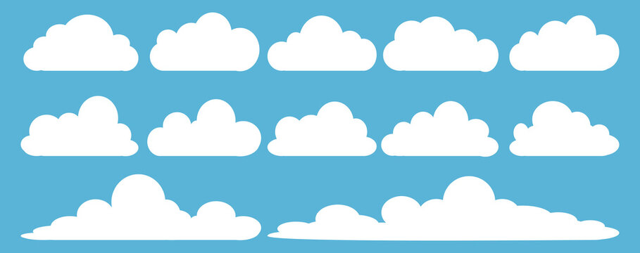 set of vector illustrations of clumpy clouds, cloud bubbles in flat style on a blue background	