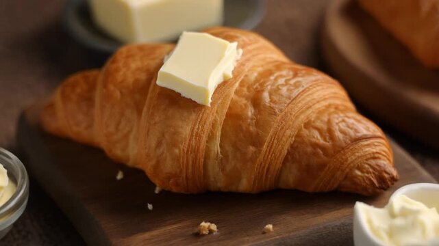 A buttery croissant with a fresh pat of butter