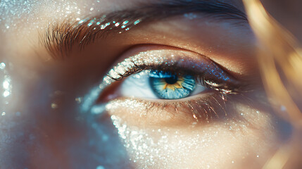 Close shot of joyful eyes with subtle wrinkles and light sparkles 