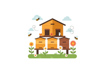 Cartoon illustration of a wooden apiary structure with three beehives on a grassy field