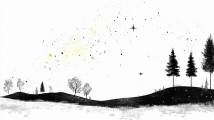 Serene landscape featuring rolling hills, silhouetted trees, and starry night sky filled with stars and splashes of color