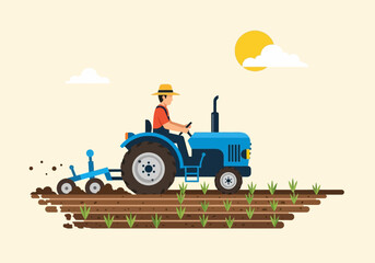 Farmer driving a blue tractor tilling brown soil with small green sprouts