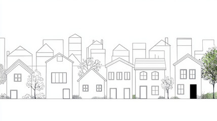 Obraz premium Simple line drawing of various houses and buildings, showcasing mix of architectural styles and greenery, evokes sense of community
