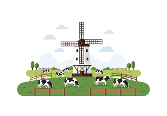 Dutch landscape with a windmill green pastures and grazing black and white cows