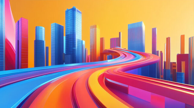 Vibrant Futuristic Cityscape with Winding Light Trails at Sunset - Powered by Adobe