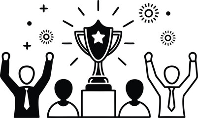 Business team celebrating success with a trophy and tie celebration award