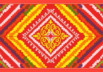 A vibrant 8-bit pixel art design features a symmetrical, intricate yellow ornament within a central diamond, set against a background of warm-colored red, orange, and yellow geometric stripes