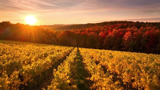 A breathtaking sunset casts a warm golden hour glow over a picturesque vineyard during autumn, with rows of vines leading towards rolling hills of vibrant fall foliage