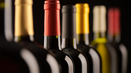 A sleek row of wine bottles, each adorned with vibrant capsules, against a rich dark backdrop, hinting at elegance and sophistication. The scene evokes relaxation and taste.