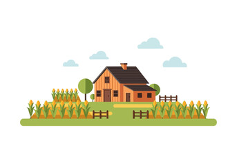 Flat illustration of a wooden farmhouse surrounded by cornfields and green hills