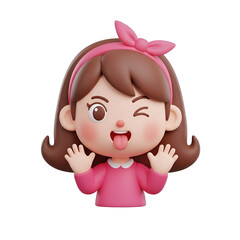 Obraz premium Happy cartoon girl winking and sticking out her tongue, wearing a pink headband and shirt
