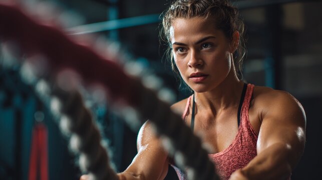 A strong and focused woman engages in an intense workout, using battle ropes to enhance her strength and endurance in a dynamic gym environment.
