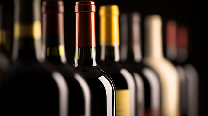 A row of wine bottles of different styles and colors are set against a dark background. A focus on a few bottles makes others blurred adding depth to the image.