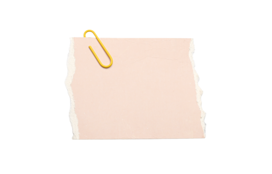 Torn pastel pink paper sheet with a yellow paperclip isolated on a transparent background, 