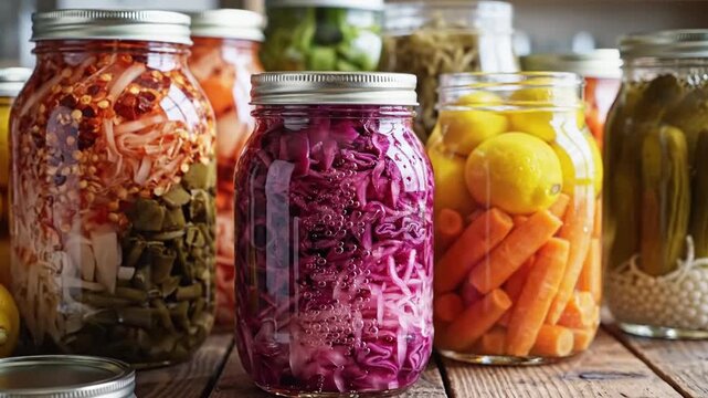 Vibrant assortment of fermented foods showcased in clear glass jars, featuring colorful vegetables and pickles, highlighting healthy probiotics, artisanal preservation, and gourmet culinary presentati