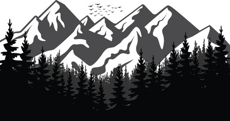 Black and white mountain landscape, dramatic peaks, forest silhouette, birds flying, tranquil nature scene, outdoor wilderness, peaceful scenery, artistic illustration