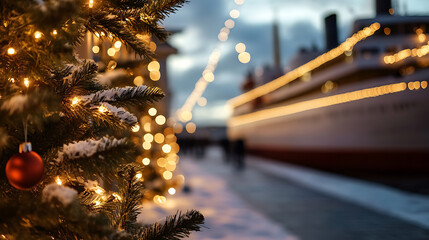Obraz premium A festive holiday scene featuring a decorated tree with lights and ornaments, against the backdrop of a snow-dusted promenade and a brightly lit ship in the harbor.