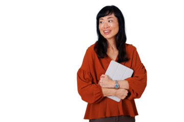 Asian businesswoman holding digital tablet, smiling and looking away, standing confidently on a transparent background