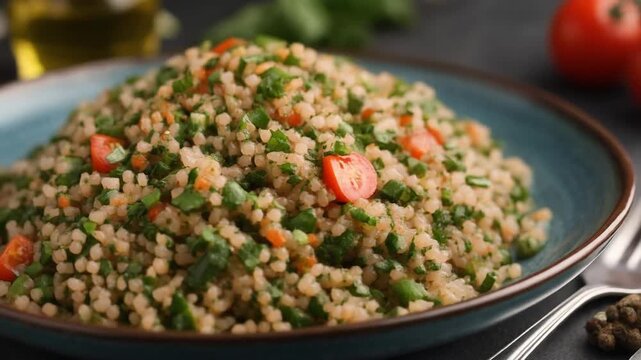 A vibrant salad of couscous with fresh herbs and tomatoes, beautifully plated and ready to enjoy. The dish has a delightful texture and appetizing presentation