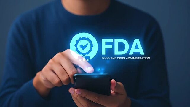 Person Interacting with Digital FDA Approval & Regulation Hologram on Smartphone, Symbolizing Health, Safety & Compliance Standards