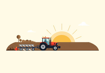 Red tractor pulling a multishare plow across a brown field at sunrise