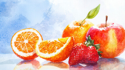 Vibrant watercolor still life featuring oranges, apples, and strawberries, showcasing their bright colors and fresh appeal