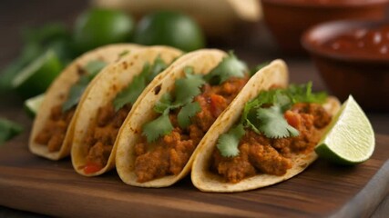Delicious tacos with fresh ingredients arranged on a wooden board. The vibrant colors and textures evoke a sense of appetite and culinary enjoyment
