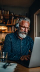 A focused elderly man with a beard wearing headphones works on a laptop, embodying the essence of remote work and modern technology at home during the day, showcasing dedication.