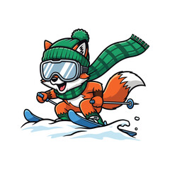 Skiing Fox Cartoon Enjoy Winter Adventures on Snowy Slopes with Style