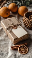 A beautifully wrapped gift sits on a textured surface, surrounded by fragrant oranges and rustic decor, evoking a warm, cozy atmosphere perfect for the holidays.