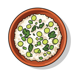 Overhead view of rice bowl with herbs, lime and green onion toppings