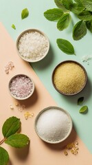 A colorful arrangement of various salts in decorative bowls, accented with fresh mint leaves, evokes a sense of culinary creativity and natural elegance in the kitchen.