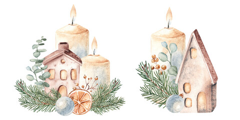 Christmas Advent Compositions Set. Candles with Ceramic houses in Fir Branches and eucalyptus decorated with Blue baubles and dried orange. Cozy home decoration in Rustic style. Watercolor Hand drawn