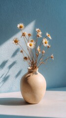 A beautifully crafted vase filled with delicate dried flowers, creating a serene and calming atmosphere against a soft blue background, perfect for home decor and interior design enthusiasts.