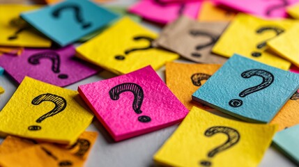 Colorful sticky notes with question marks scattered across a surface, representing curiosity, inquiry, and the brainstorming process. Use these vibrant visuals for educational or creative projects.