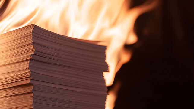A stack of paper is consumed by flames in the dim light, a visual metaphor for loss, destruction, and the ephemeral nature of information and creations. Burning and destruction