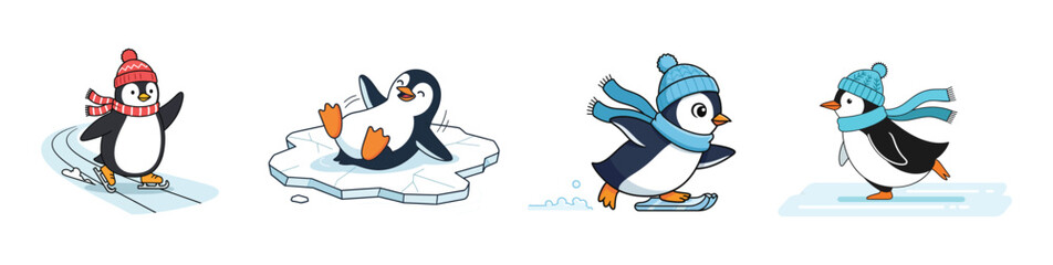 Playful penguin illustrations showcase winter fun with ice skates, snow, and a hat