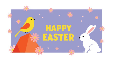 Happy Easter Illustration with Bird, Rabbit, and Flowers on Purple Background