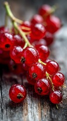 Freshly picked red currants glistening with dew, resting on a rustic wooden surface, evoke a sense of nature's bounty and the joy of healthy eating. Perfect for culinary projects.