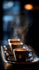 Steaming hot espresso cups create an intimate, moody atmosphere with soft bokeh lights and rising aromatic steam in a dimly lit setting