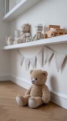 Cozy and welcoming nursery scene featuring a plush teddy bear sitting on the floor, surrounded by charming toys and decorative bunting against a clean, white wall.