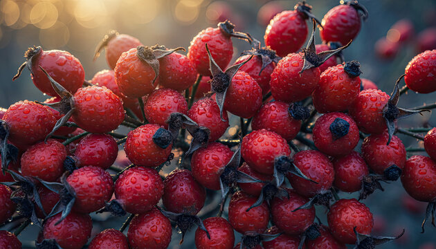Macro shot of bright red rose hips covered in water droplets with warm golden sunlight shining through the branches and creating a soft bokeh background