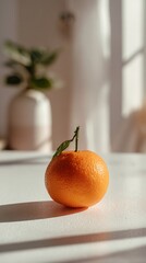 A vibrant orange resting on a white surface, illuminated by soft natural light, surrounded by a blurred plant in the background, creating a fresh and inviting ambiance.