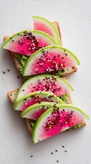 Fresh, vibrant watermelon radish slices atop toasted bread with creamy avocado spread and a sprinkle of colorful seeds create a visually stunning, healthy snack or brunch option.