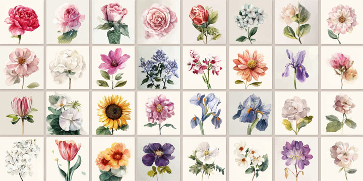 Collection of vintage botanical illustrations of various flowers in soft pastel colors