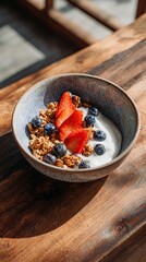 A healthy breakfast bowl featuring creamy yogurt topped with fresh strawberries, blueberries, and crunchy granola, set against a rustic wooden background.