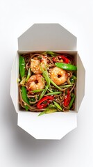Delicious shrimp stir-fry served in a classic white takeout box, featuring vibrant vegetables and noodles, perfect for Asian cuisine lovers and food enthusiasts everywhere.