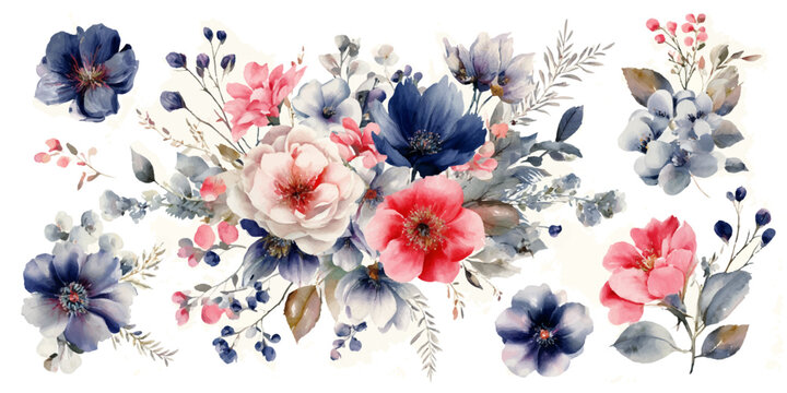 Delicate watercolor floral arrangement with soft pink blue and coral blooms and greenery
