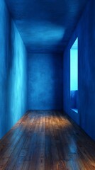 A serene blue room with wooden floors and soft light, creating a peaceful atmosphere that's perfect for backgrounds, wallpapers, and modern design projects.